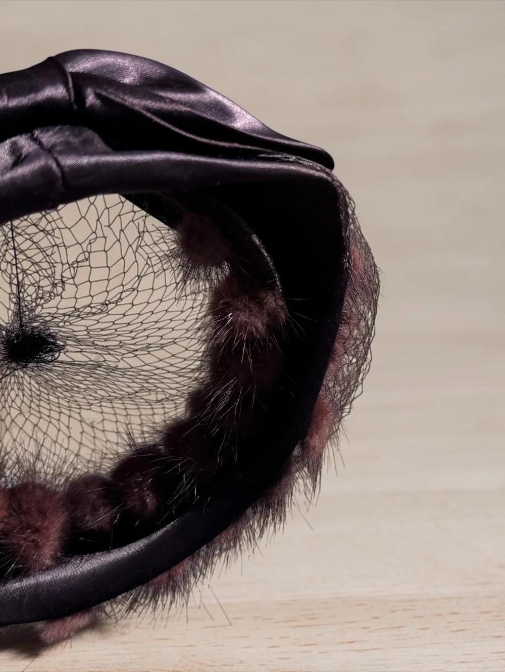 Vintage Edwardian Satin and Fur Hat with Decorative Bow and Netting